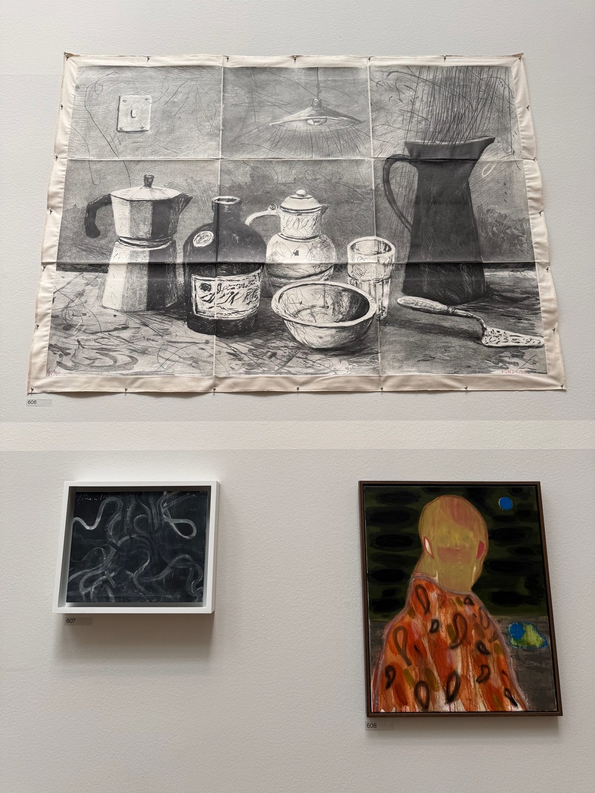 A coffee-lift aquatint by William Kentridge printed on cotton, hung under a catalogue number.