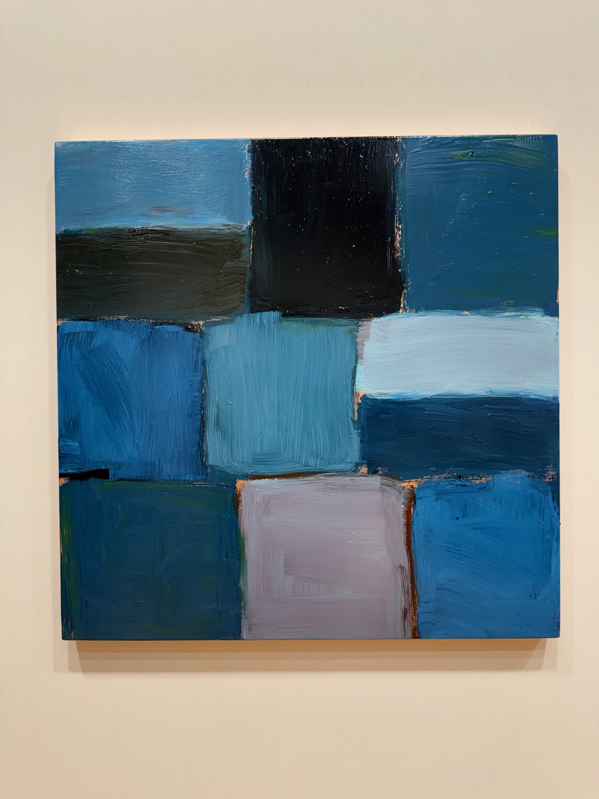 Sean Scully's 2026 oil on copper: looser blocks in blues with a single pale pink panel.