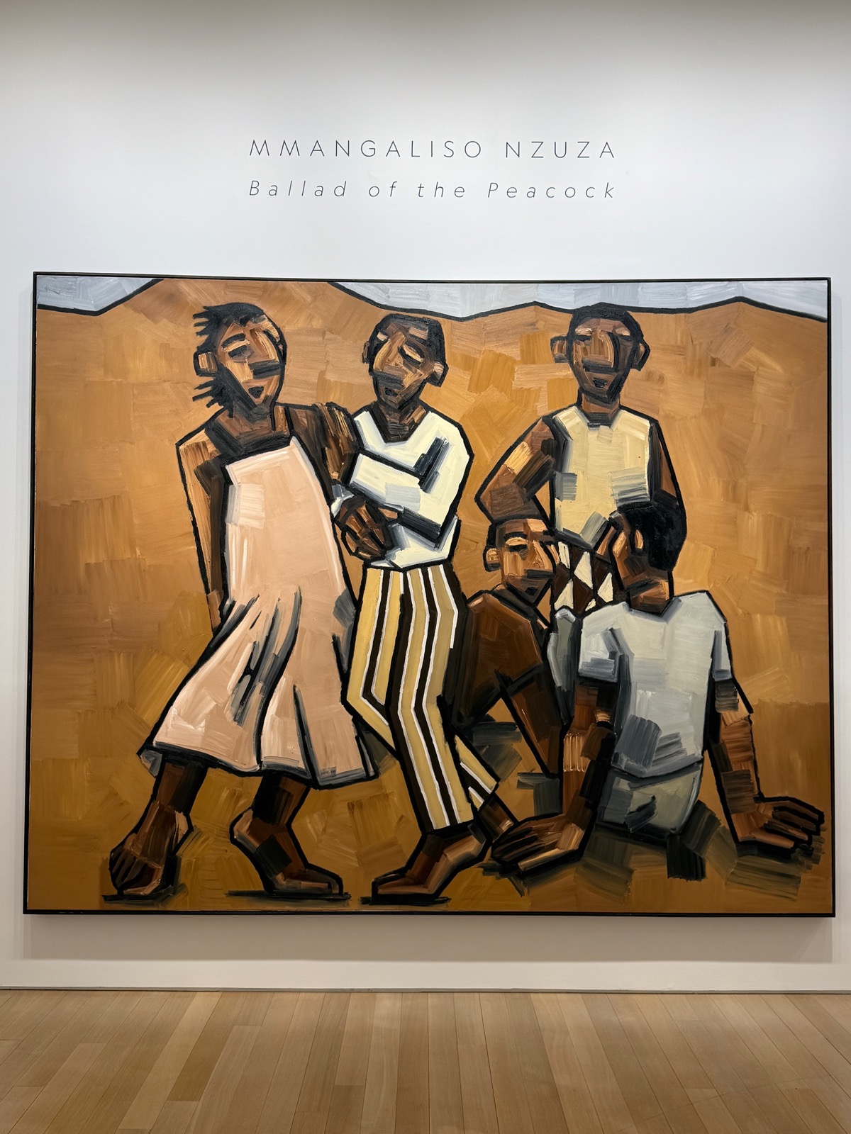 Mmangaliso Nzuza's large figurative painting Ballad of the Peacock, five figures against an ochre ground.